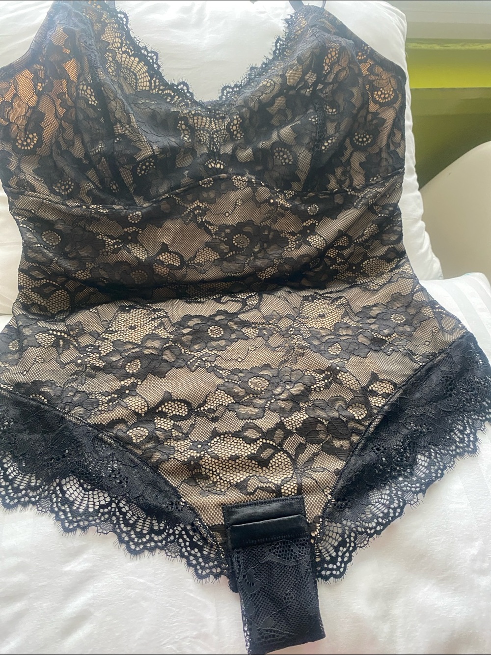 Black Lace Bodysuit with Nude Lining - Women Intimates